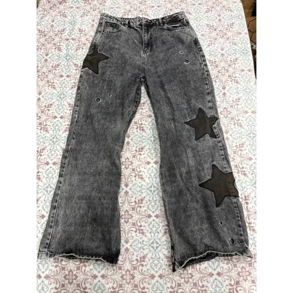 Daisy Street Star Patch Wide Leg Jeans Acid Wash Black Grommet Y2K Size 13 - Picture 1 of 10
